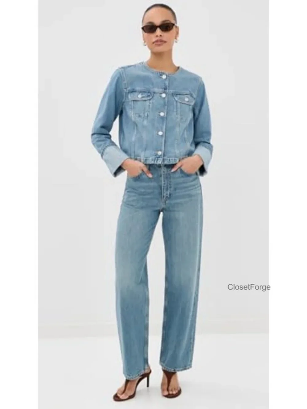 Medium Weight Cotton Blend Denim Jacket with Button Placket